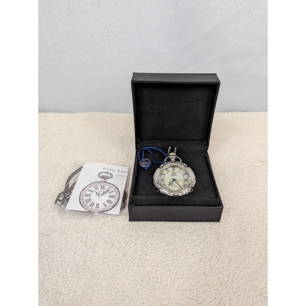 SEWOR Quartz Pocket Watch Silver Tone Engraved Case Roman Numerals Vintage Style